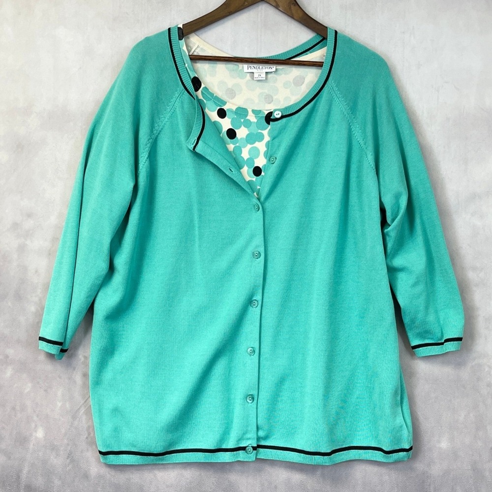 Pendleton Plus Cardigan Twin Set Size 2X Silk Blend Polka Dot Preppy Old Money - Picture 14 of 14